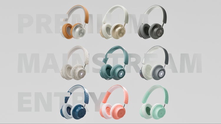 Image of 9 headphones of various colors created with Adobe Substance 3D.