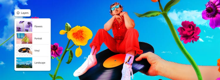 All-new Photoshop iPhone app image of man sitting on a record. Photoshop arrives on Android.
