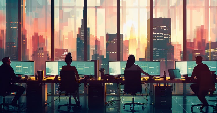 Graphic illustration of workers at desk on computers, view of city skyline in background