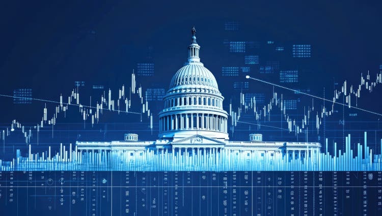 Digital illustration of the US Capitol Building overlaid with financial data visualizations, suggesting a connection between government and finance.