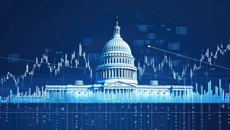 Digital illustration of the US Capitol Building overlaid with financial data visualizations, suggesting a connection between government and finance.