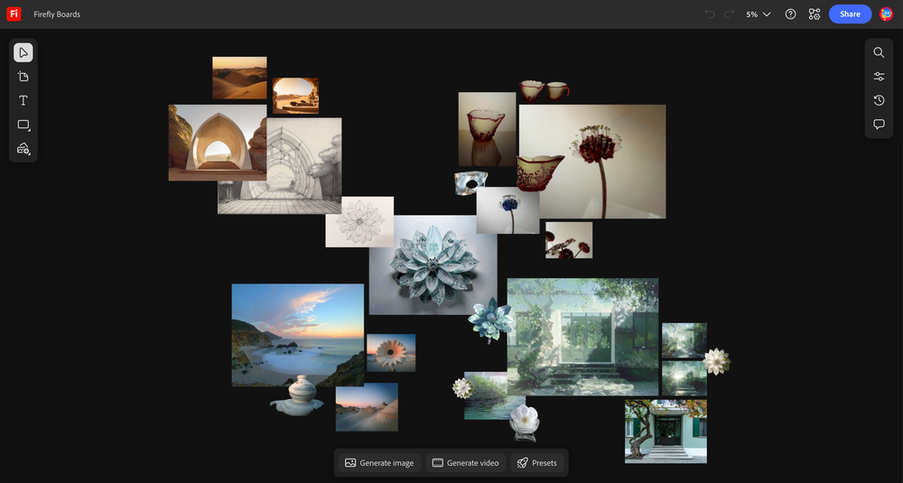 Official Adobe screenshot of Firefly Boards, a dark infinite canvas with scattered moodboard images of ceramics and flowers and a toolbar with Generate image, Generate video and Presets at the bottom