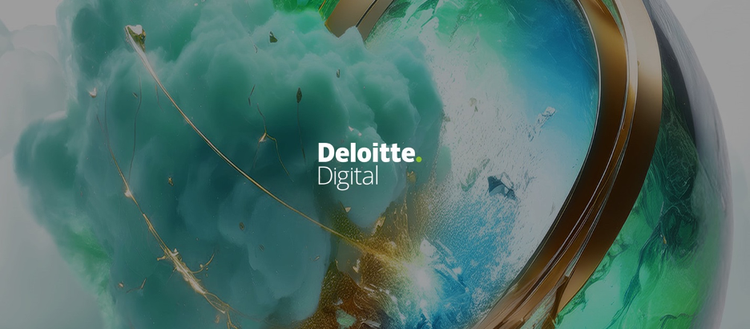 Deloitte Digital logo centered on a stylized, colorful orb with gold accents and swirling green and blue textures.
