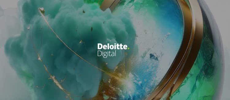 Deloitte Digital logo centered on a stylized, colorful orb with gold accents and swirling green and blue textures.