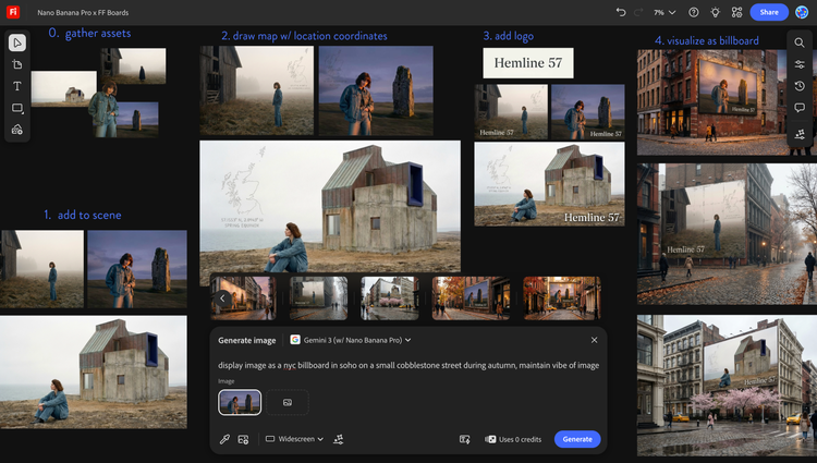 Collage of images created using unlimited generations using Google Gemini 3 (Nano Banana Pro) in Adobe Firefly.