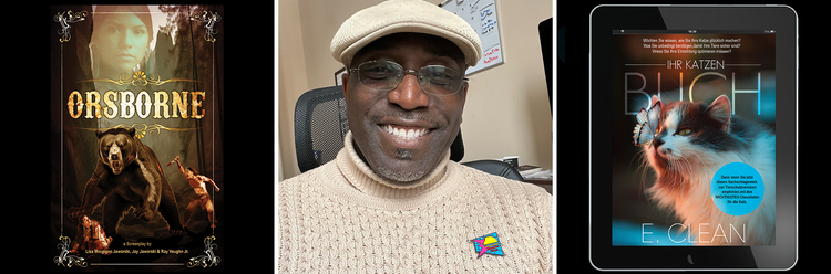 Samples of André Hawkins’ design work created with Photoshop, InDesign, and Illustrator. Middle: André Hawkins.