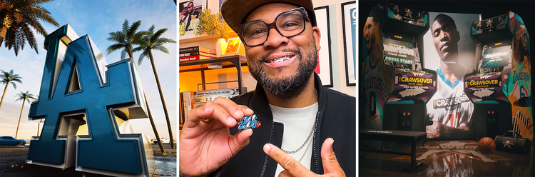 Samples of Adrian’s design work. Middle: Adrian Sims with his 20-year pin