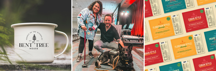 Samples of Michelle’s design work. Middle: Michelle, logo designer and Adobe MAX speaker James Barnard, and Michelle’s service dog Maisie.