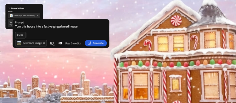 Gingerbread house with prompt from Adobe Firefly.
