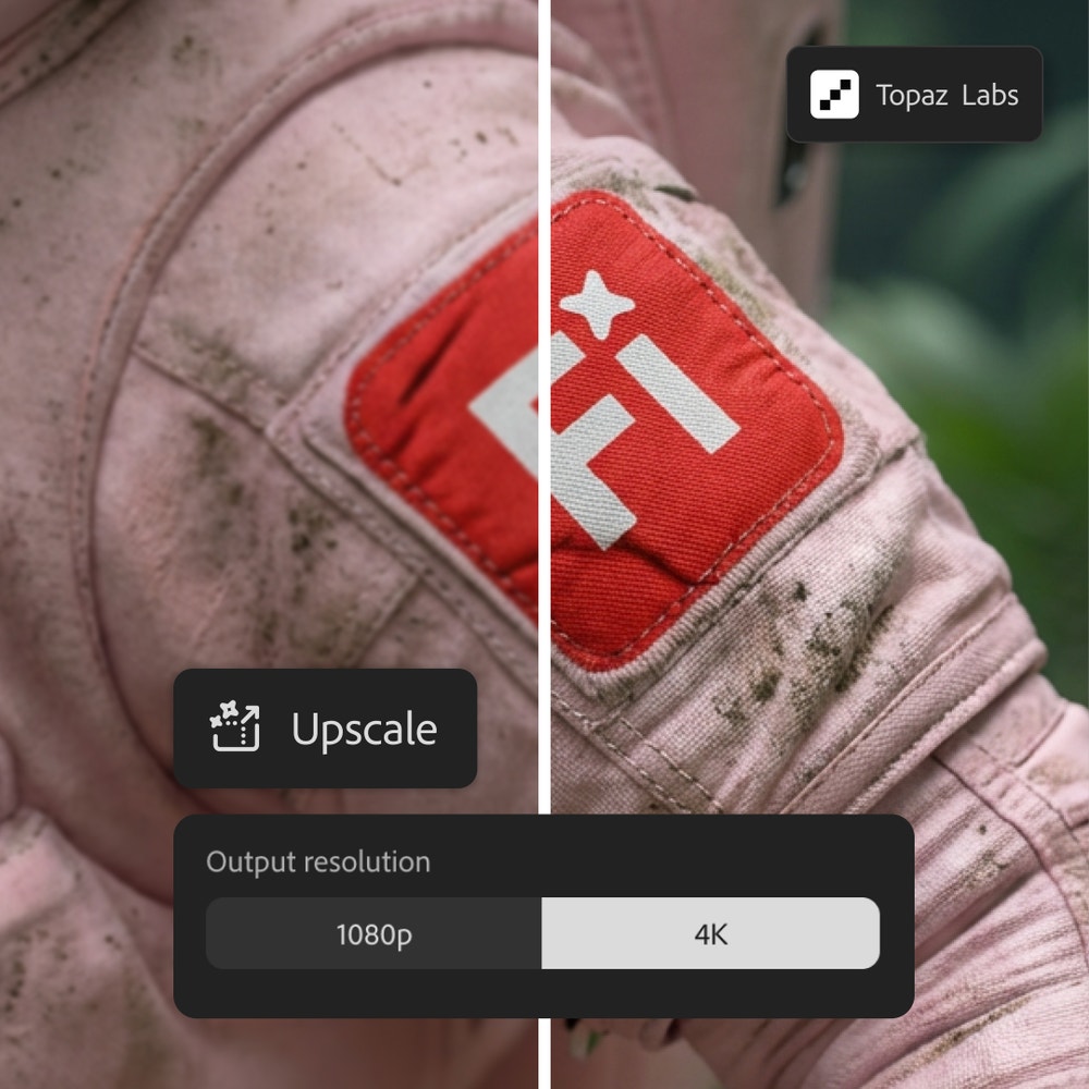 Official Adobe screenshot of a Topaz Labs upscale in Firefly with a before and after split on an astronaut suit patch and an output resolution selector for 1080p and 4K
