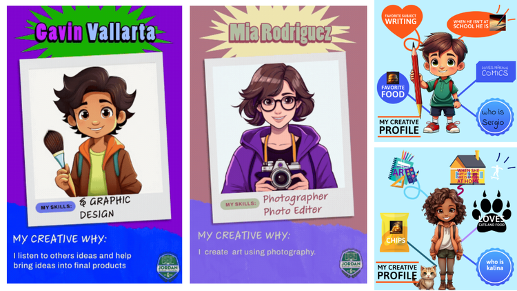 Adobe Express student marketing profiles created by 6th grade students Gavin Vallarta and Mia Rodriguez; and creative profiles created by Sergio Garcia and Kalina Bilbe