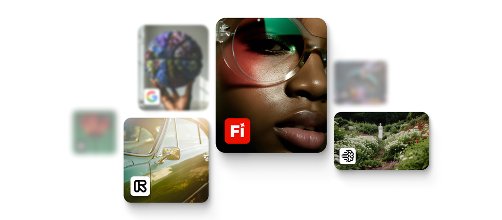 Official Adobe collage from the unlimited generations announcement showing generated image cards tagged with Firefly, Google, Runway and OpenAI model icons