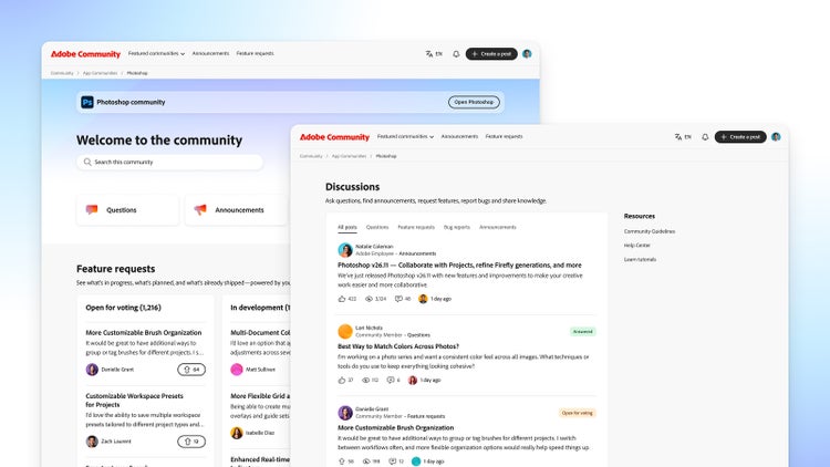 Pages showing Welcome to the community and Discussions.