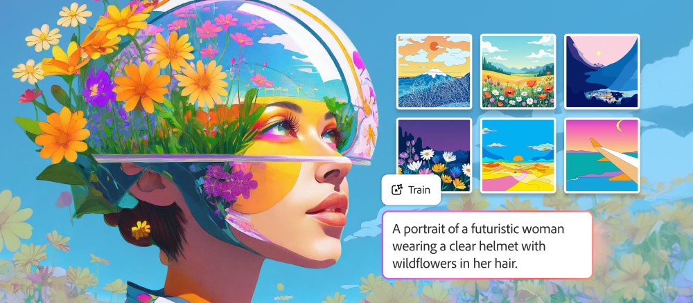 Official Adobe image for Custom Models showing a colorful illustration of a woman with wildflowers in a clear helmet next to a grid of six similar style thumbnails with a Train button and the prompt text