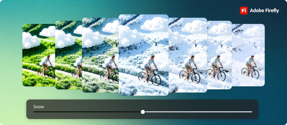 Official Adobe image of a cyclist photo shown in stages from a green hillside to a snowy scene with a slider labelled Snow below it