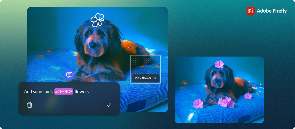 Official Adobe image of a dog photo with an edit prompt reading Add some pink flowers, a Pink flower tag and the edited result beside it