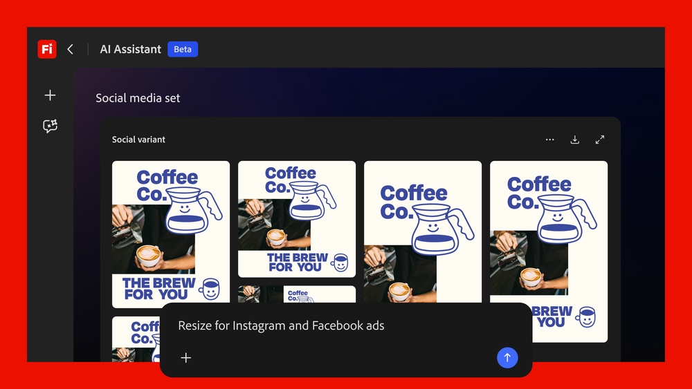 Official Adobe screenshot of the Firefly AI Assistant beta showing a Social media set of four Coffee Co poster variants and the prompt Resize for Instagram and Facebook ads