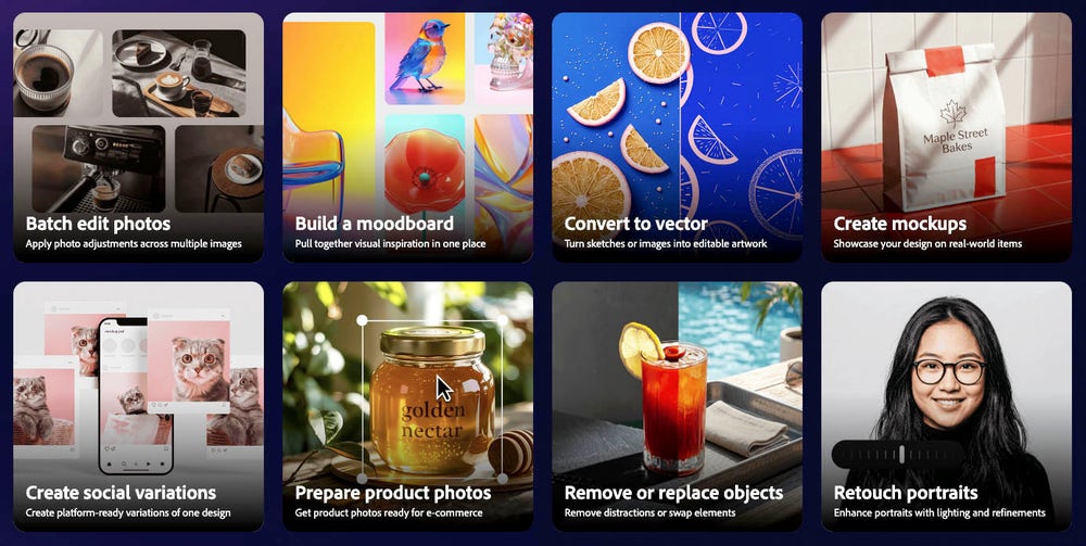 Official Adobe image of the Firefly AI Assistant beta skills grid with tiles for Batch edit photos, Build a moodboard, Convert to vector, Create mockups, Create social variations, Prepare product photos, Remove or replace objects and Retouch portraits