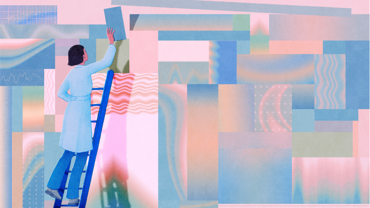 Woman on ladder placing colorful block