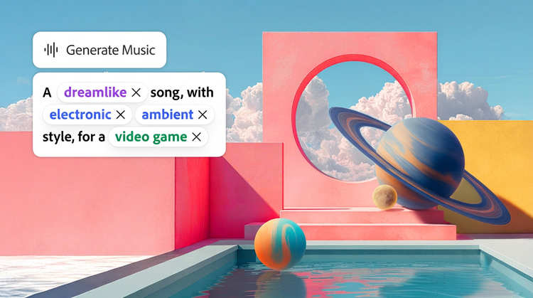 Generate Music along with an image of planets created using Adobe Firefly.