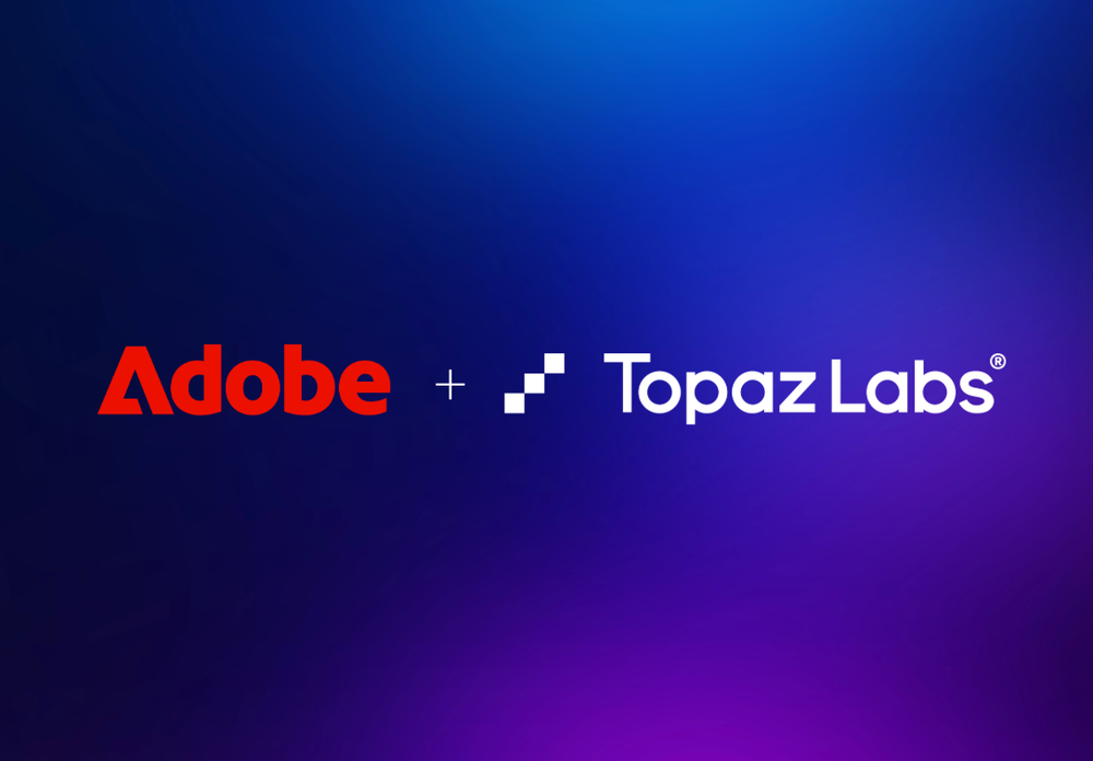 Official Adobe graphic with the Adobe and Topaz Labs logos on a blue to purple gradient announcing the completed acquisition