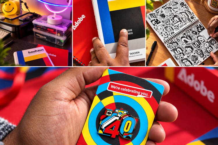 David’s inspiration for the 2026 Adobe member anniversary pin collection (top left), his sketchbook (top right), and his favorite, the 40-year pin.