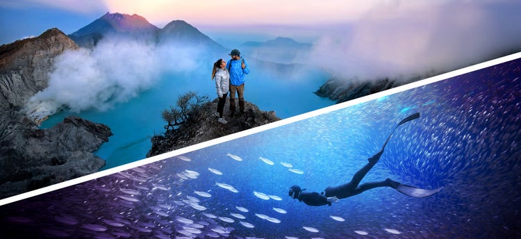 Images of two people on a mountain and of a scubadiver under water.