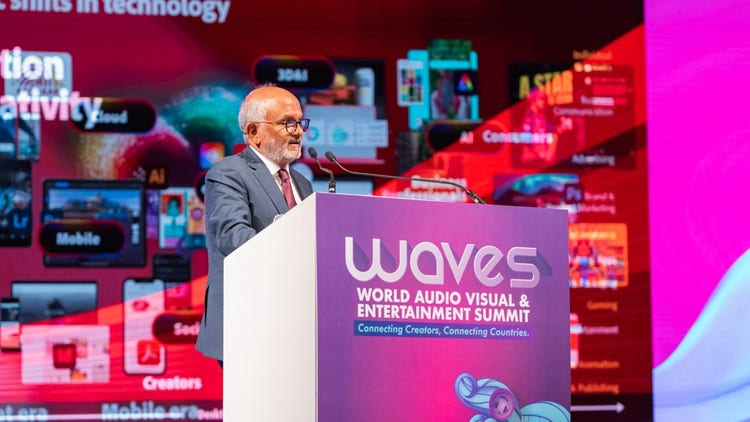 Image of Adobe Chair and CEO Shantanu Narayen speaking at the inaugural World Audio Visual and Entertainment Summit (WAVES) .