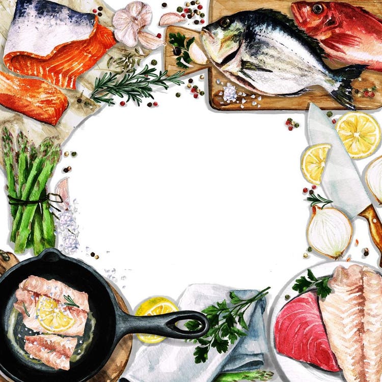 ilustracion de varios alimentos sobre la mesa formando un circulo en su interior