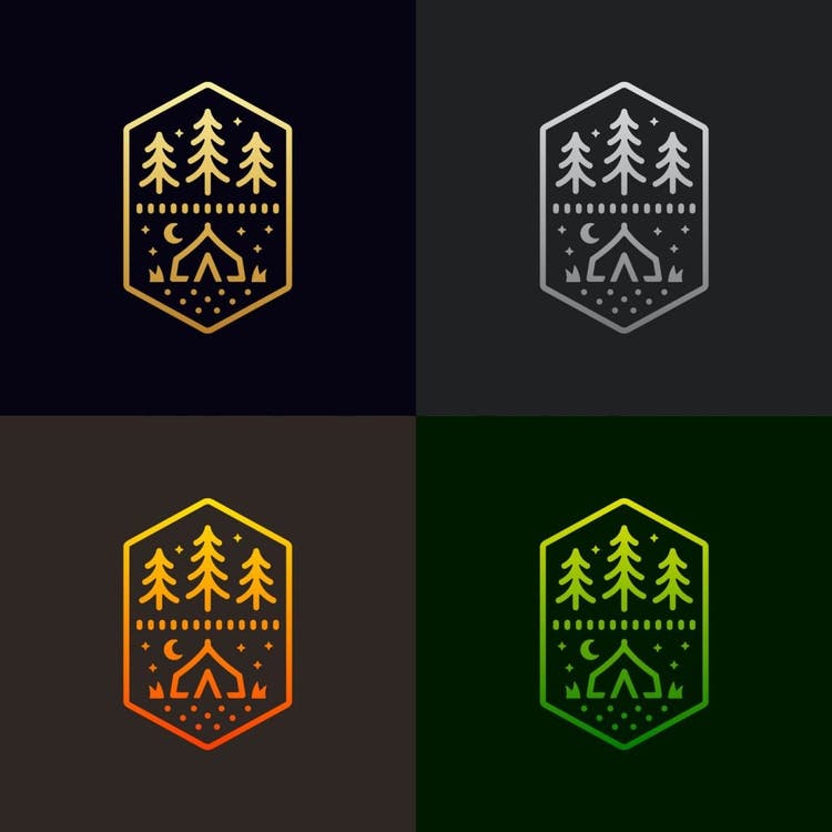 cuatro imagenes de un mismo logo conformado con tres arboles y una tienda de campaña