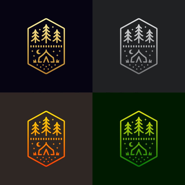 cuatro imagenes de un mismo logo conformado con tres arboles y una tienda de campaña