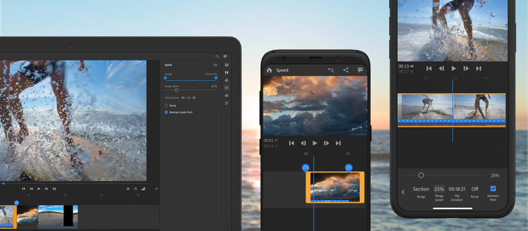 imagen de tres dispositivos moviles con la interfaz de premiere rush en funcionamiento retardando y acelerando videos