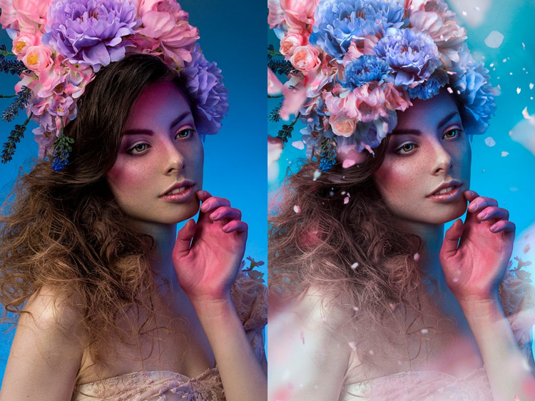 resultado final de la fotografia de una mujer que sobre su cabeza sostiene un ramo de flores de color rosa y morado