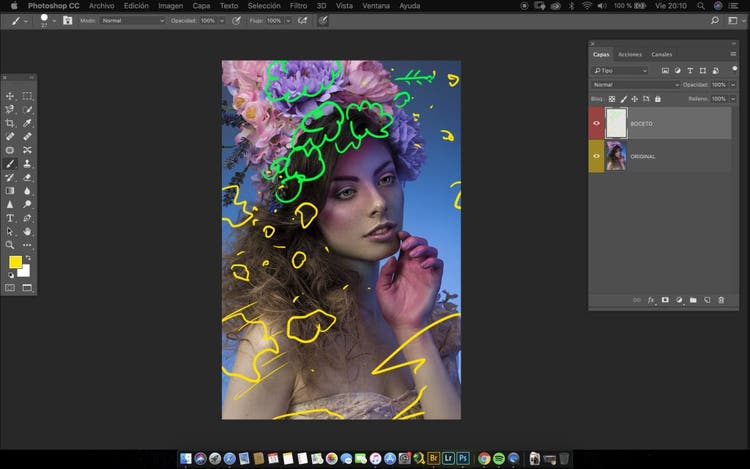 interfaz de Photoshop para la creacion de flores y petalos en la fotografia de una mujer