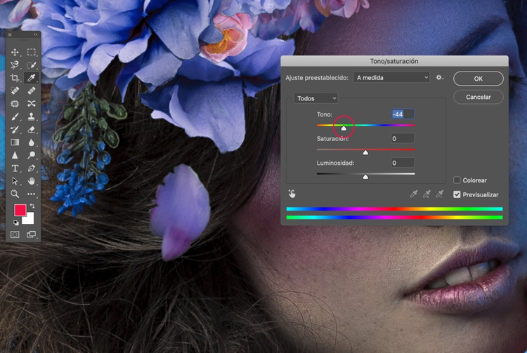 opciones de tono de saturacion en Photoshop