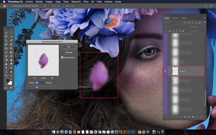 interfaz de Photoshop desenfoque gaussiano en la mesa de trabajo una fotografia del rostro de una mujer con flores y petalos azules sobre su cabeza