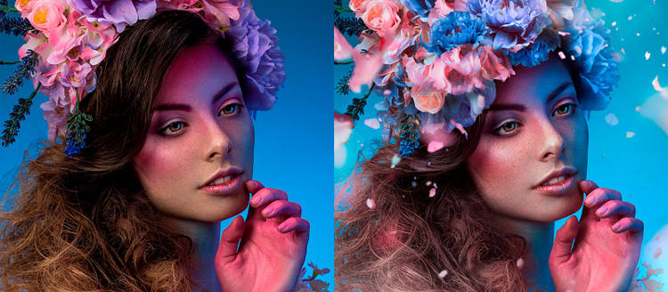 rostro de una mujer con petalos y flores su cabeza