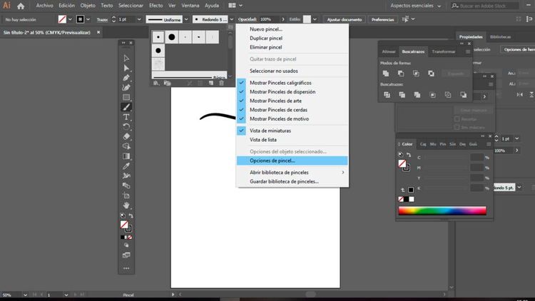 Menu de opciones Adobe Ilustrator para la configuracion del pincel 