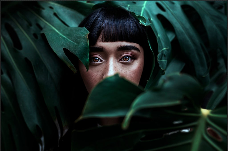interfaz photoshop en edicion la imagen de una joven asiatica detras de unas hojas verdes de un arbol efecto dramatico