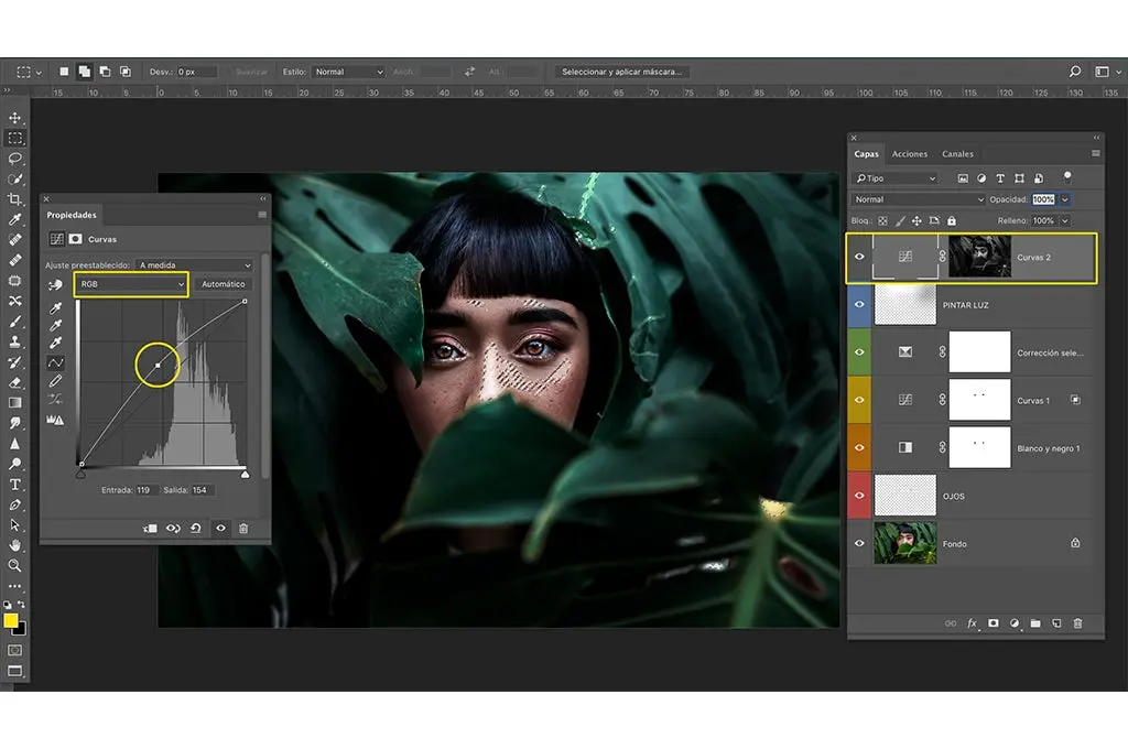 interfaz photoshop en edicion la imagen de una joven asiatica detras de unas hojas verdes de un arbol dar más luz moviendo los medios tonos