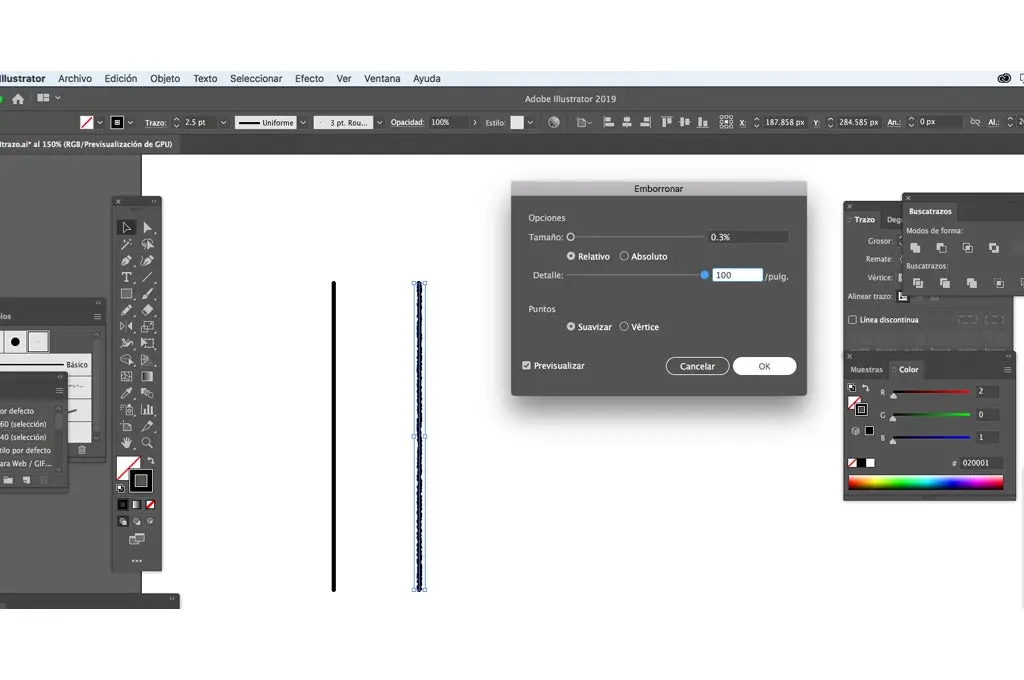 Interfaz Adobe Ilustrator, efecto Emborronar