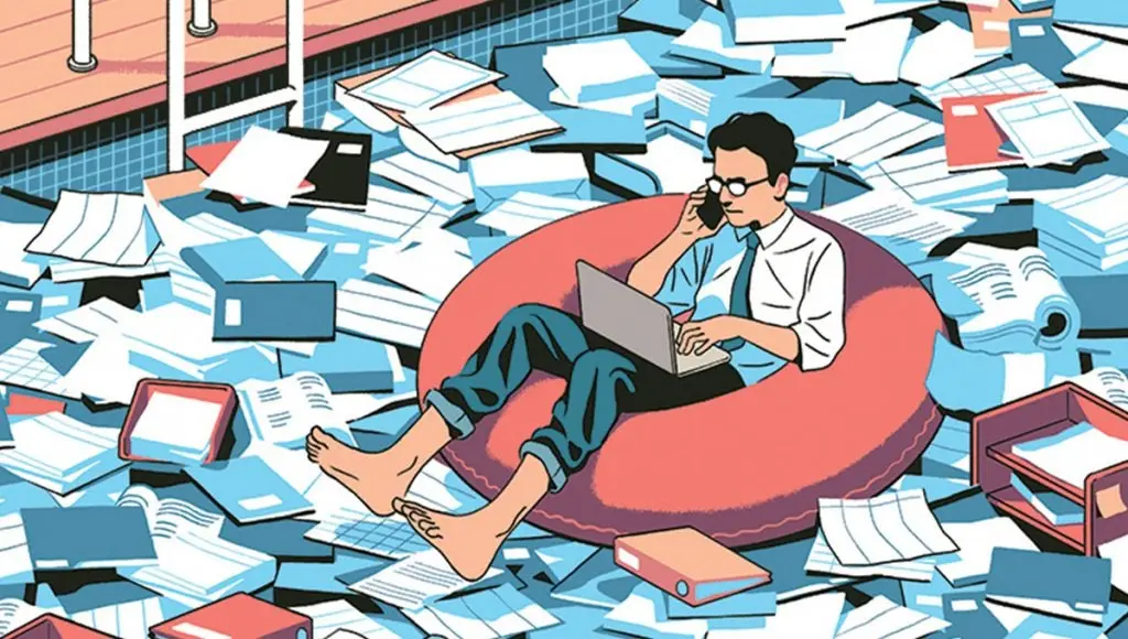 Ilustracion de un hombre trabajando en su computador sobre un flotador en una piscina llena de documentos de oficina