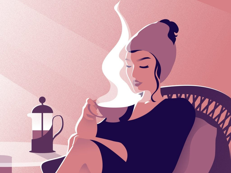 ilustracion de una mujer tomando vaso de te caliente 