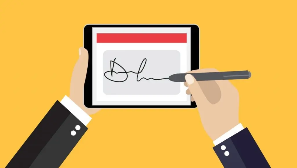 ilustracion de los brazos de una persona ejecutiva sosteniendo una tablet y al mismo tiempo firmando un documento digital