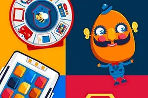 ilustracion de un personaje animado con la cabeza mas grande que su cuerpo de color naranja al lado de el una ruleta de juegos con una abeja en el centro 
