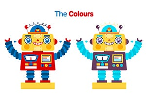 ilustracion de dos robots de diferentes colores felices con los brazos hacia arriba