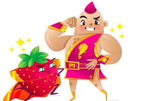 ilustracion de dos personajes animados uno de ellos es una fresa con capa y el otro es un humano musculoso con el cabello pintado de rosa