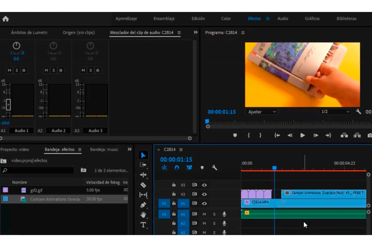 Interfaz adobe premiere pro edicion de video de una mano humana seleccionando lapices de una caja de colores