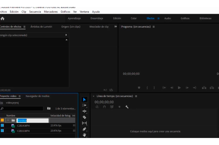Interfaz de adobe premiere pro para importar videos y crear efectos 