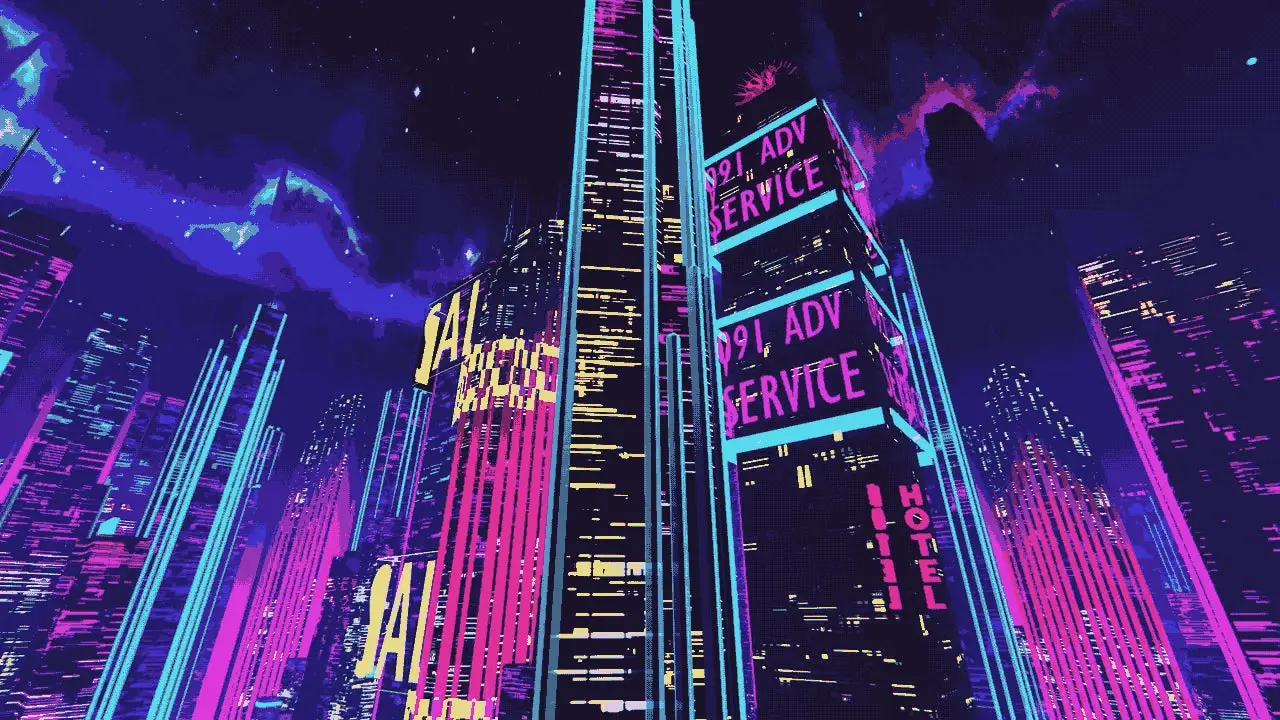 ilustracion de una ciudad con colores de neon sobre sus edificios 